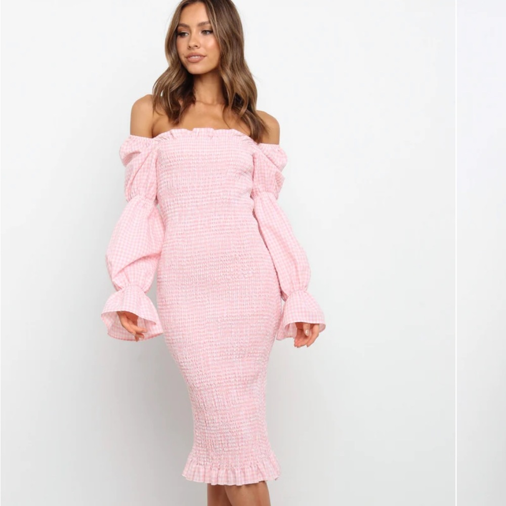 Petal & Pup Pink & White Smocked Puff Sleeve Off the Shoulder Dress